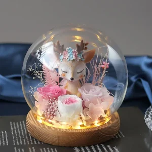 SRIforever LED Glass Dome Deer with Preserved Roses